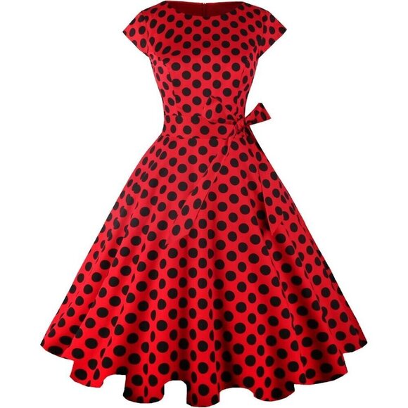 Women Red Boatneck Cap Sleeve Vintage Swing Cocktail Party Dress with Pockets - Picture 2 of 8
